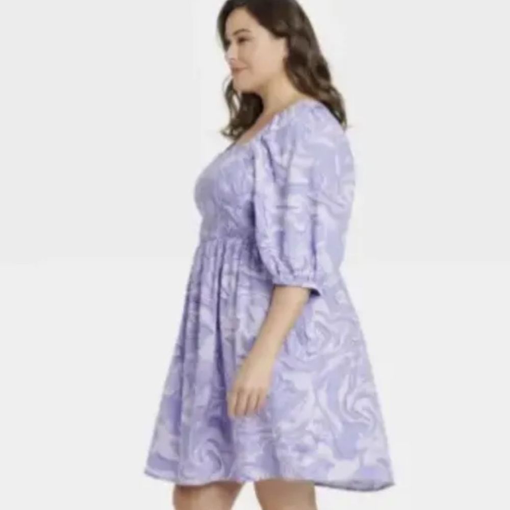 🆕🔥Ava & Viv Purple Swirl Puff Elbow Sleeve Smocked Mini Dress - Picture 3 of 5